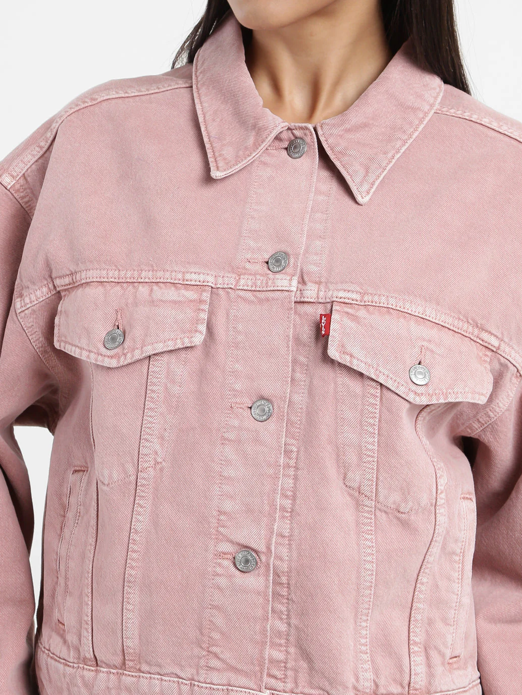 Women's Solid Pink Collar Neck Trucker Jacket - Image 5