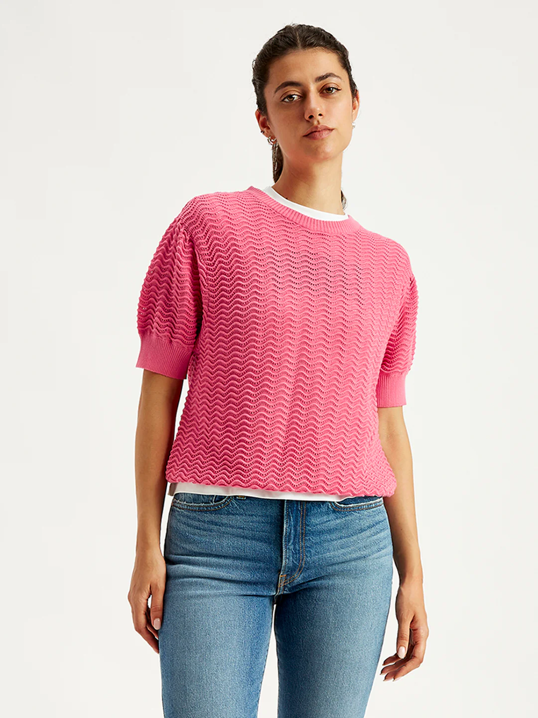 Women's Solid Pink Crew Neck Sweater - Image 2