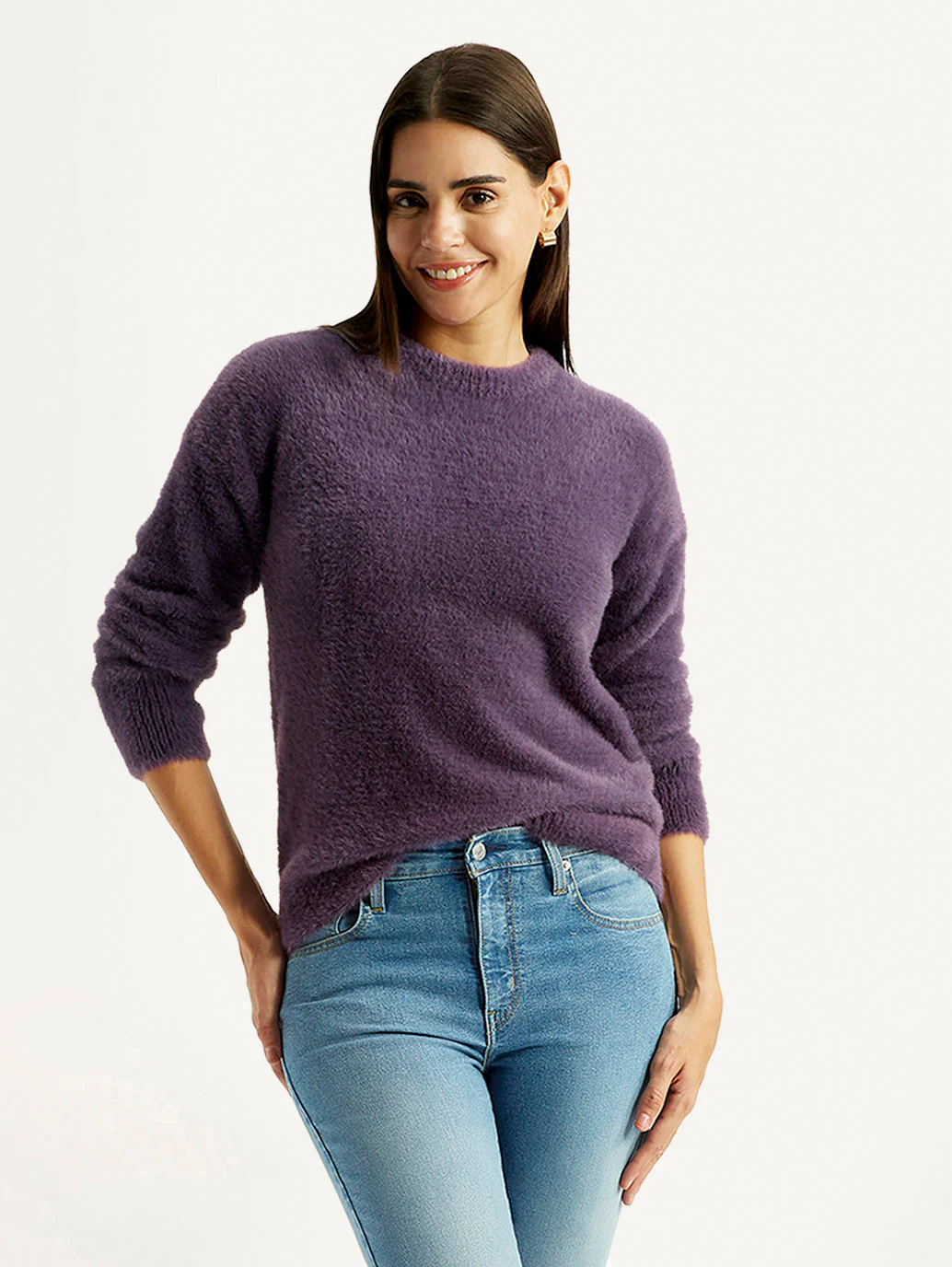 Women's Solid Purple Crew Neck Sweater