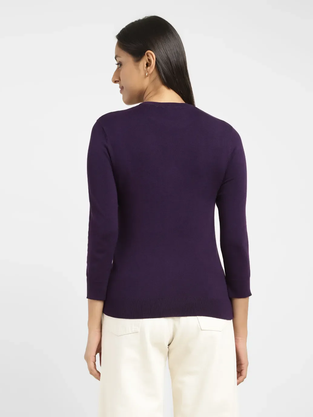 Women's Solid Purple Crew Neck Sweater - Image 3