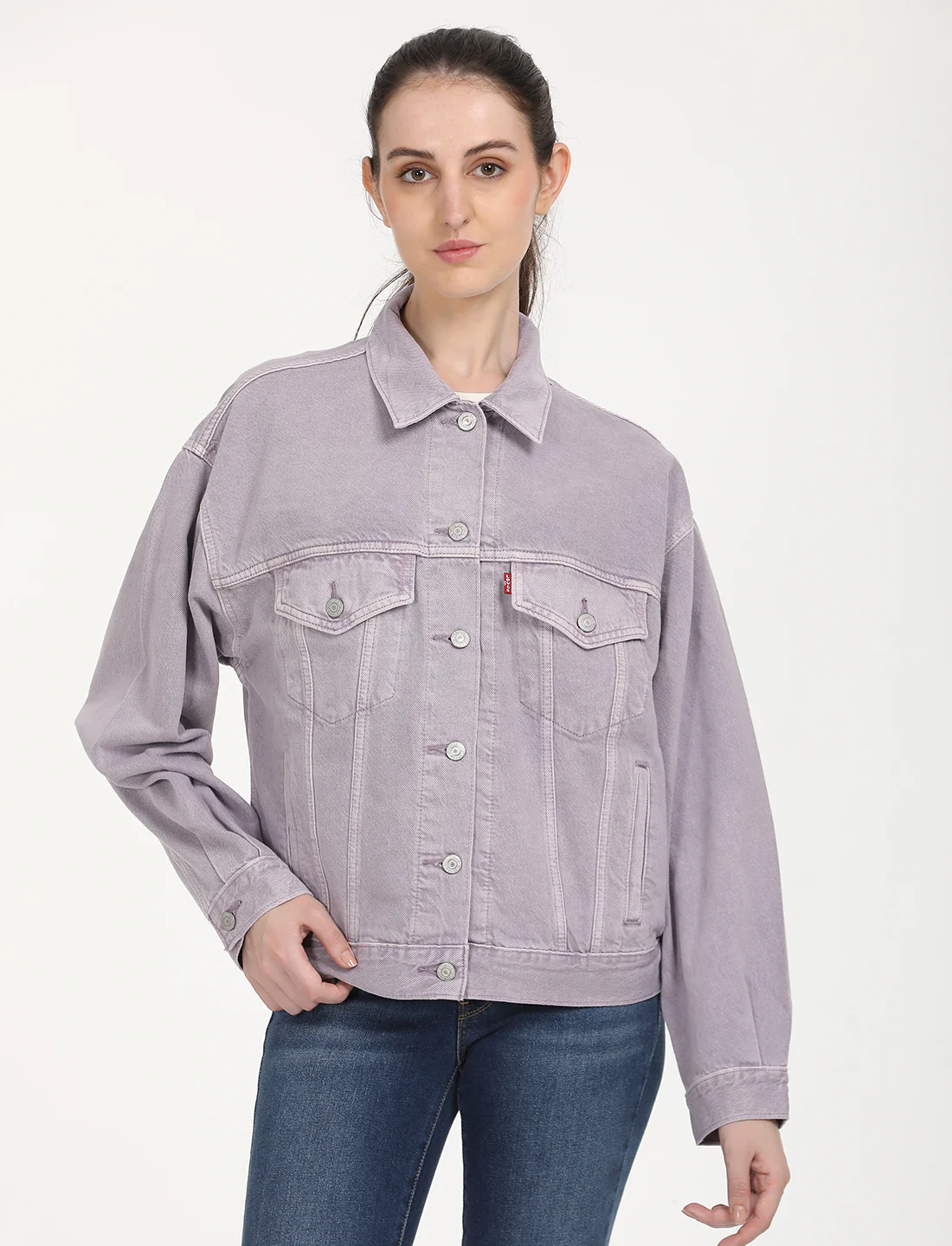 Women's Solid Purple Spread Collar Denim Trucker Jacket