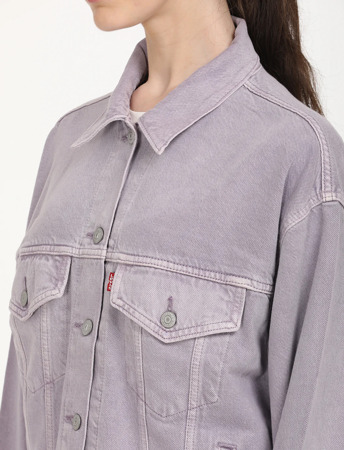 Women's Solid Purple Spread Collar Denim Trucker Jacket - Image 5