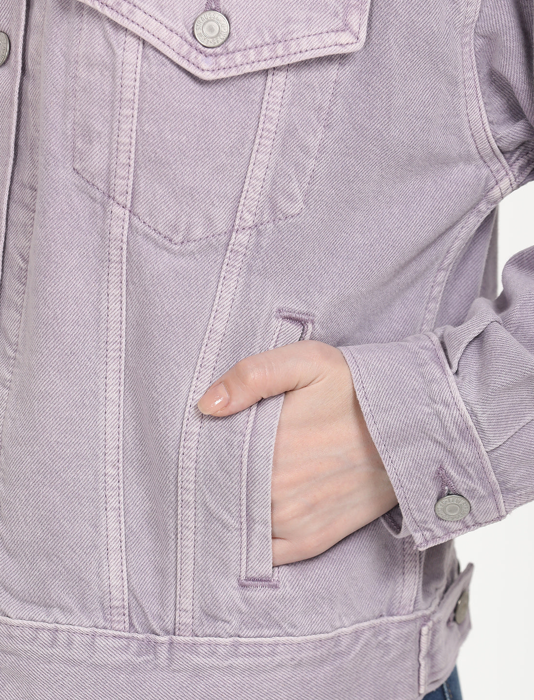 Women's Solid Purple Spread Collar Denim Trucker Jacket - Image 6