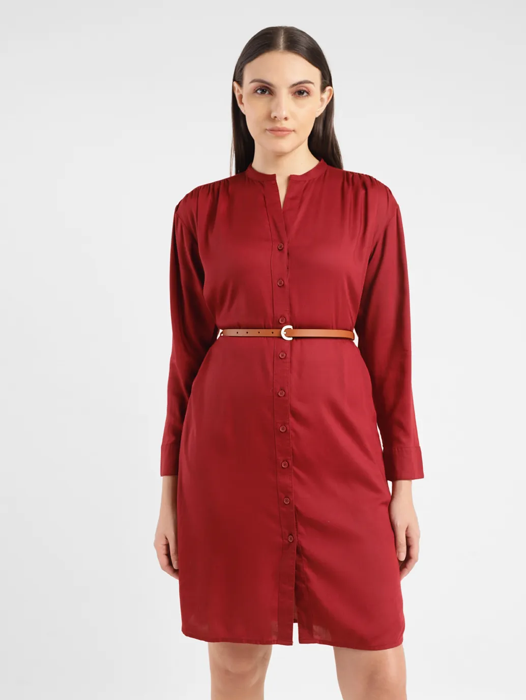 Women's Solid Red Band Neck Dress - Image 2
