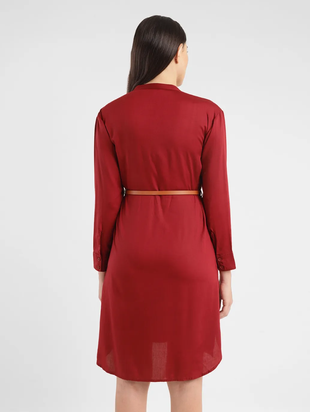 Women's Solid Red Band Neck Dress - Image 3