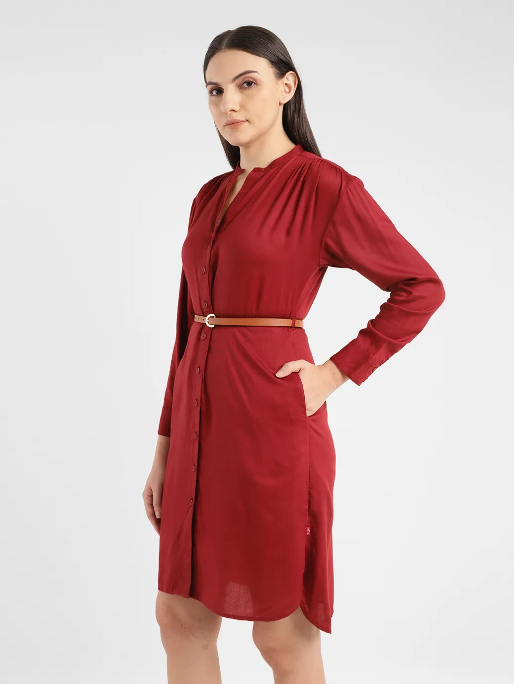 Women's Solid Red Band Neck Dress - Image 4