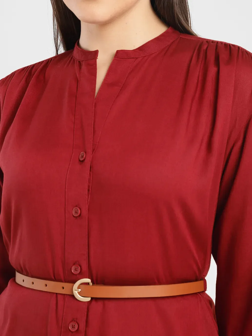 Women's Solid Red Band Neck Dress - Image 5
