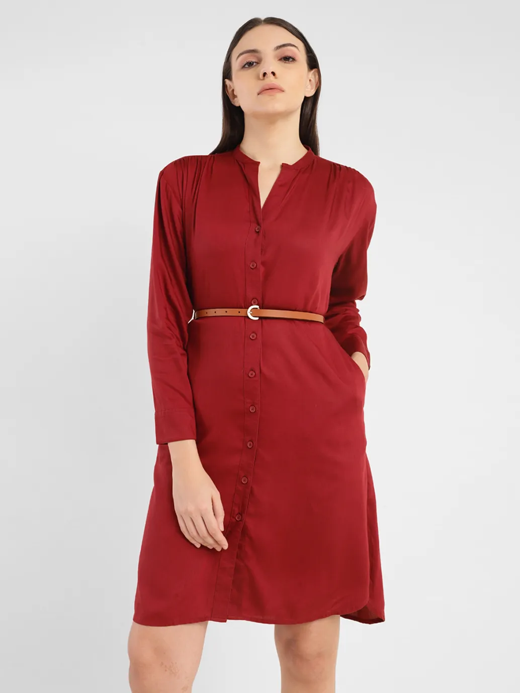 Women's Solid Red Band Neck Dress - Image 6