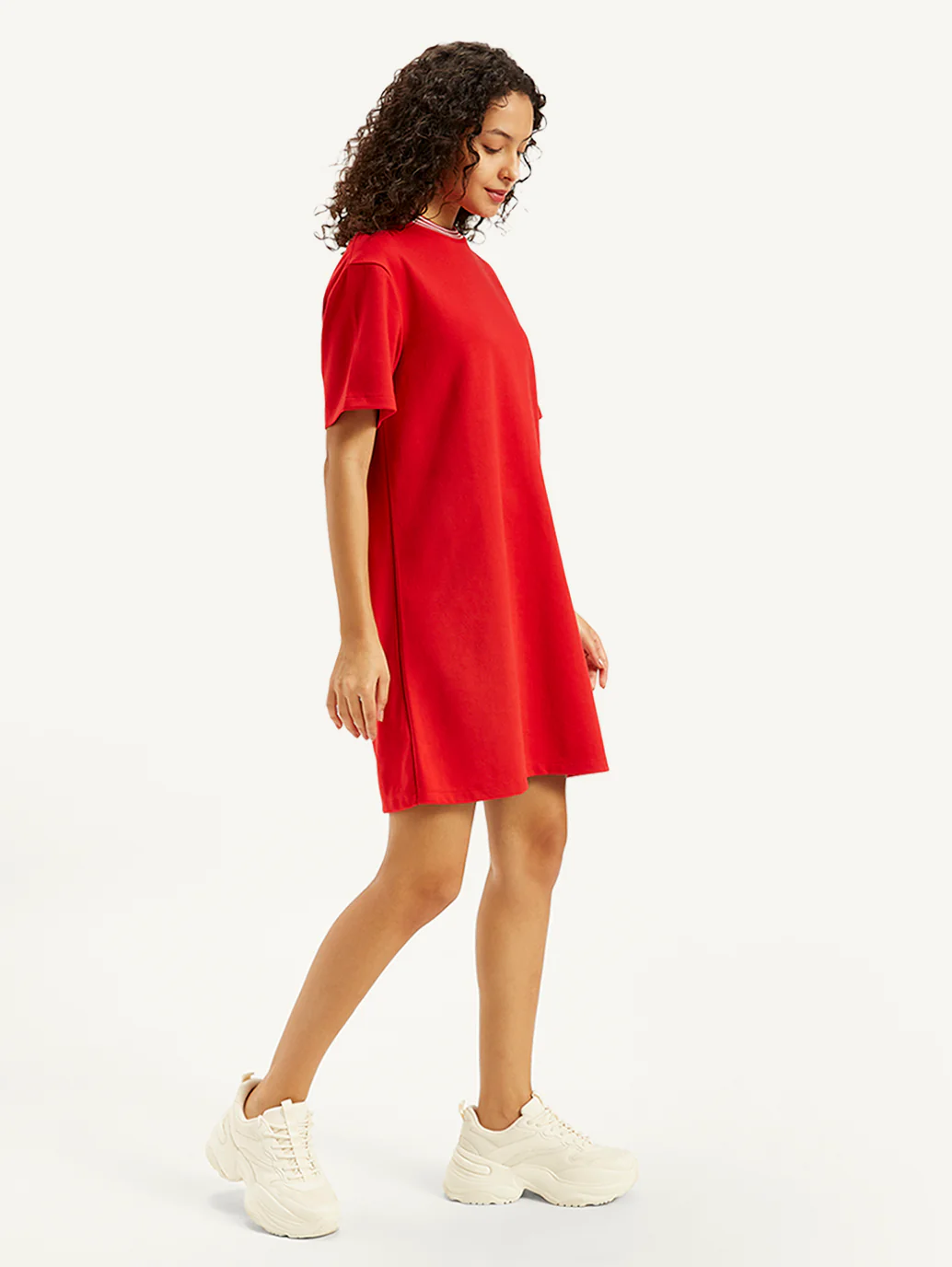 Women's Solid Red Crew Neck Dress - Image 3