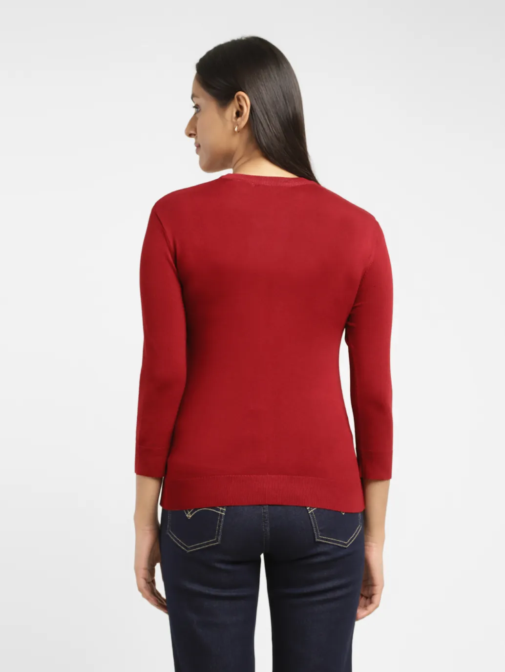 Women's Solid Red Crew Neck Sweater - Image 3