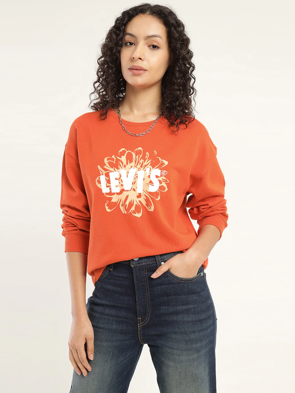 Women's Graphic Orange Crew Neck Sweatshirt - Image 2