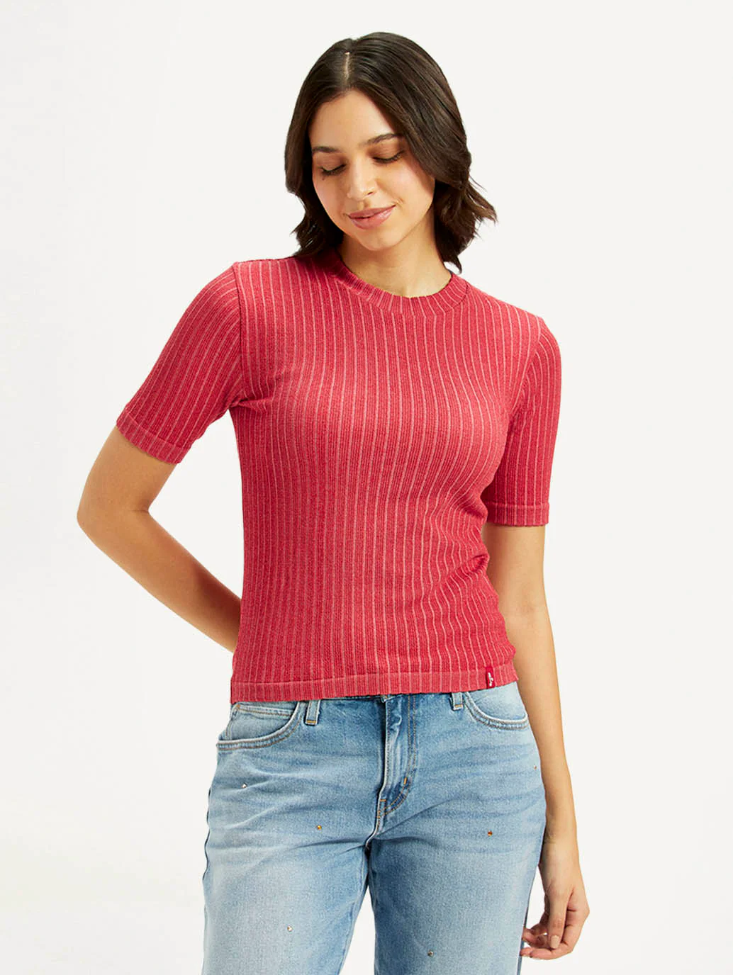 Women's Solid Red Crew Neck Top - Image 3