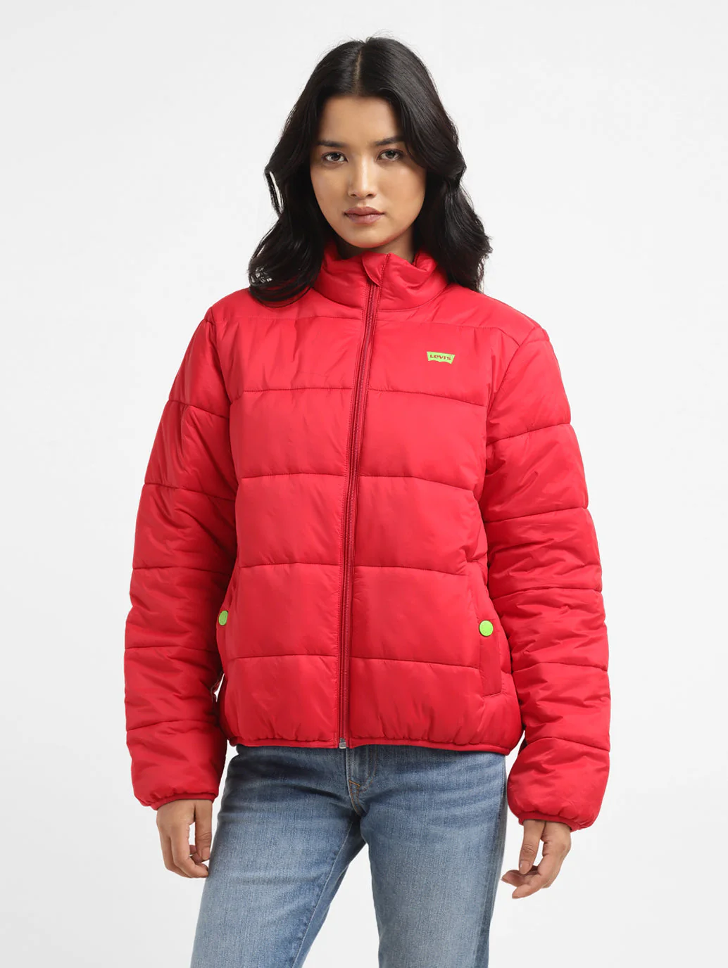 Women's Solid Red High Neck Quilted Jacket - Image 2