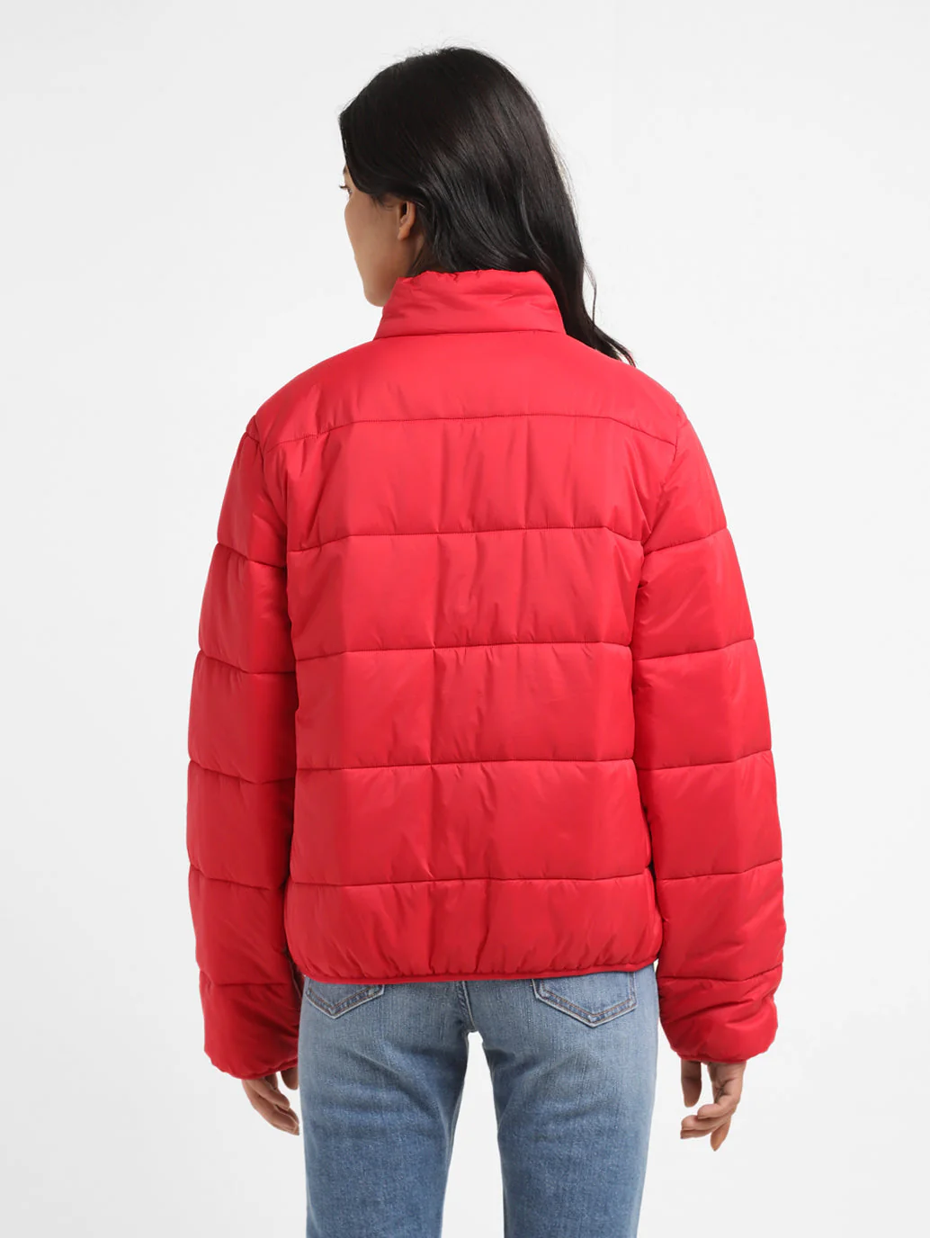 Women's Solid Red High Neck Quilted Jacket - Image 3