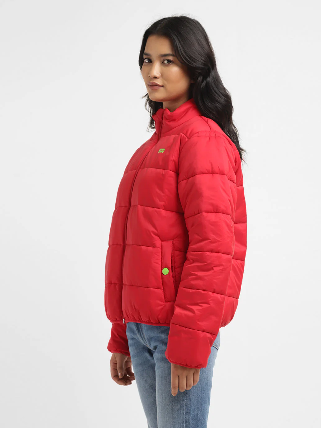 Women's Solid Red High Neck Quilted Jacket - Image 4