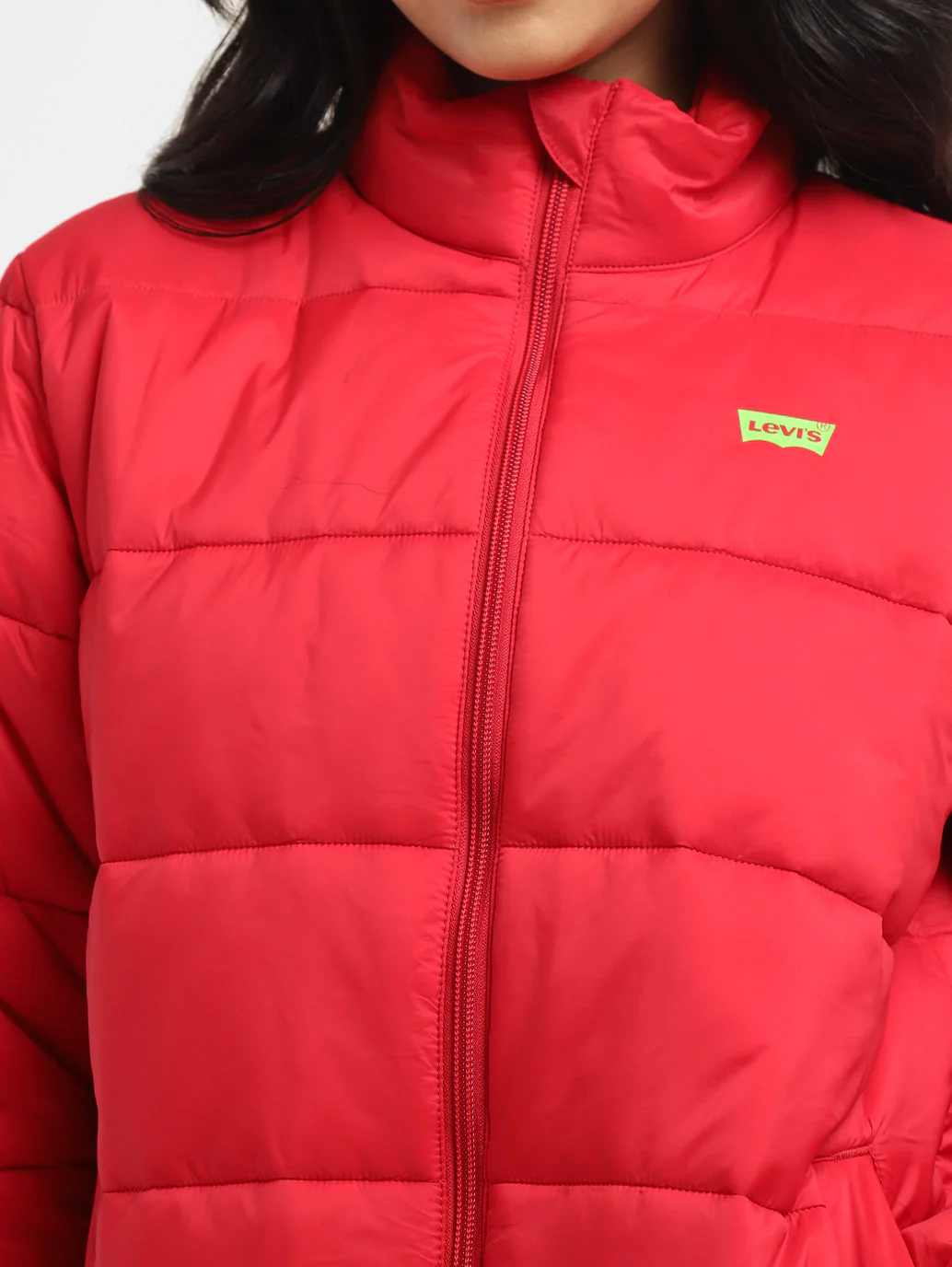Women's Solid Red High Neck Quilted Jacket - Image 5