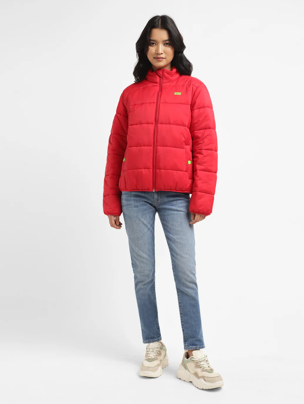 Women's Solid Red High Neck Quilted Jacket - Image 7