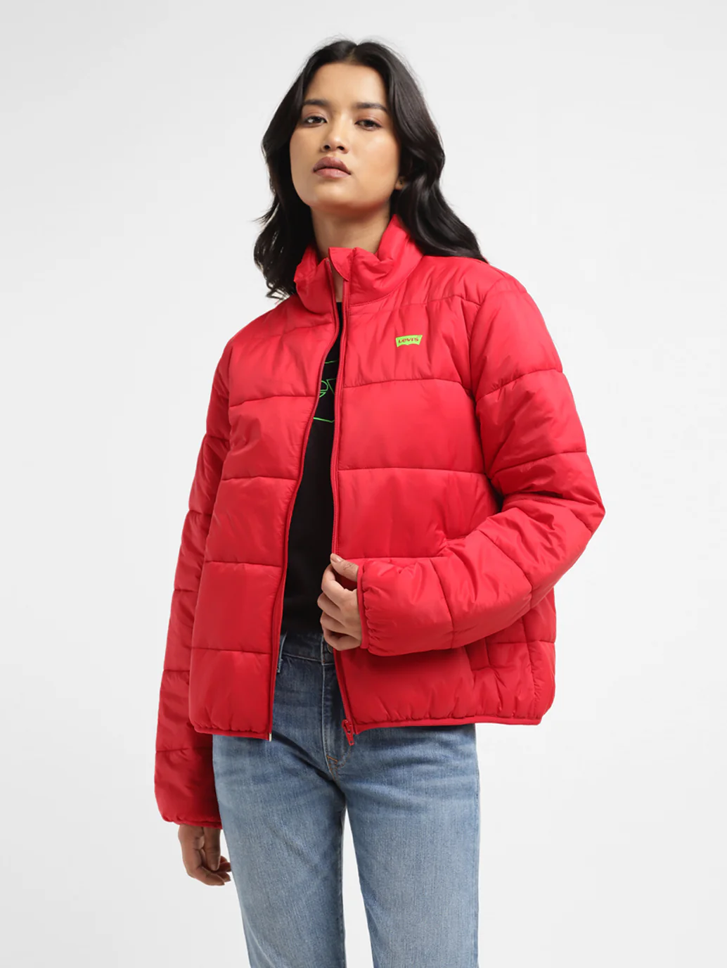 Women's Solid Red High Neck Quilted Jacket - Image 8