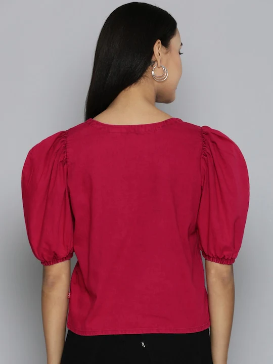 Women's Solid Red Round Neck Top - Image 3
