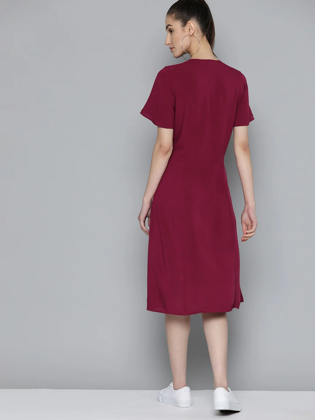 Women's Solid Red V Neck Dresses - Image 2