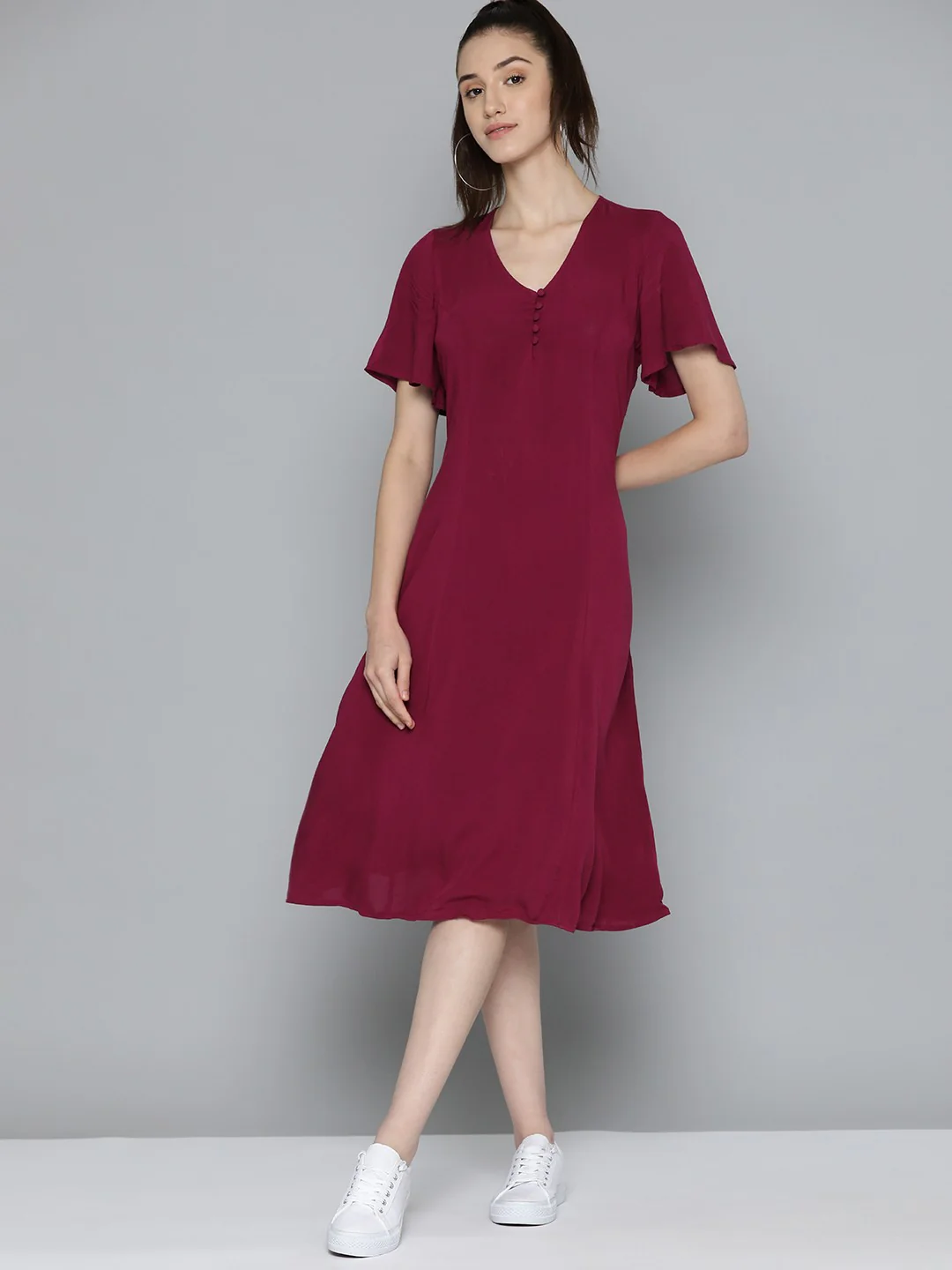Women's Solid Red V Neck Dresses - Image 5