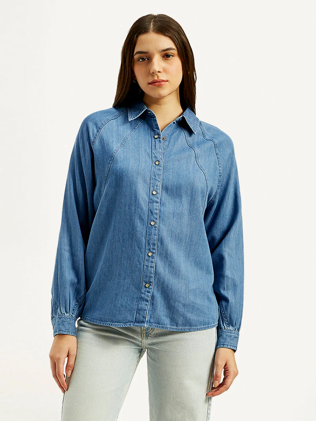 Women's Solid Spread Collar Denim Shirt - Image 2