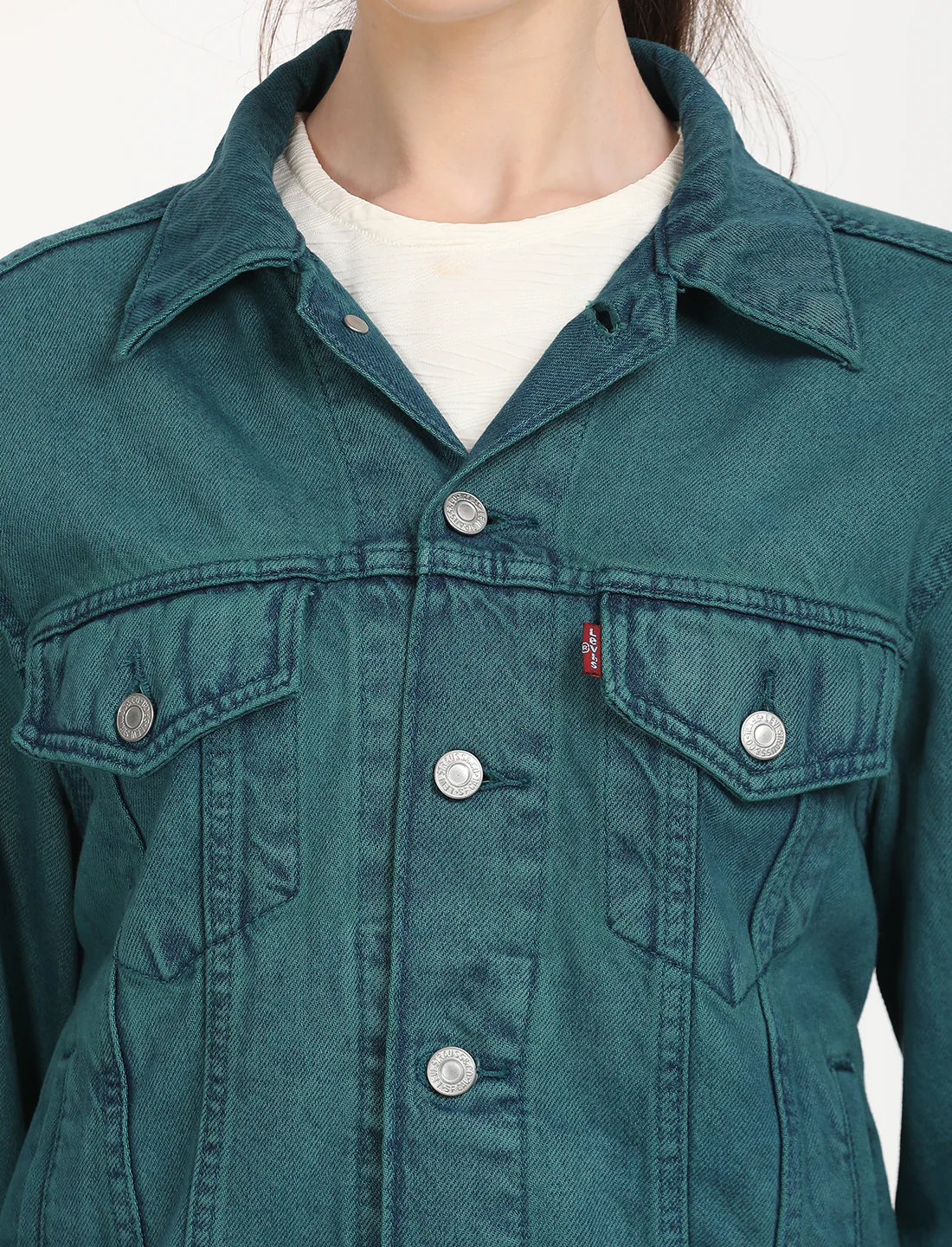 Women's Solid Teal Green Spread Collar Trucker Jacket - Image 2