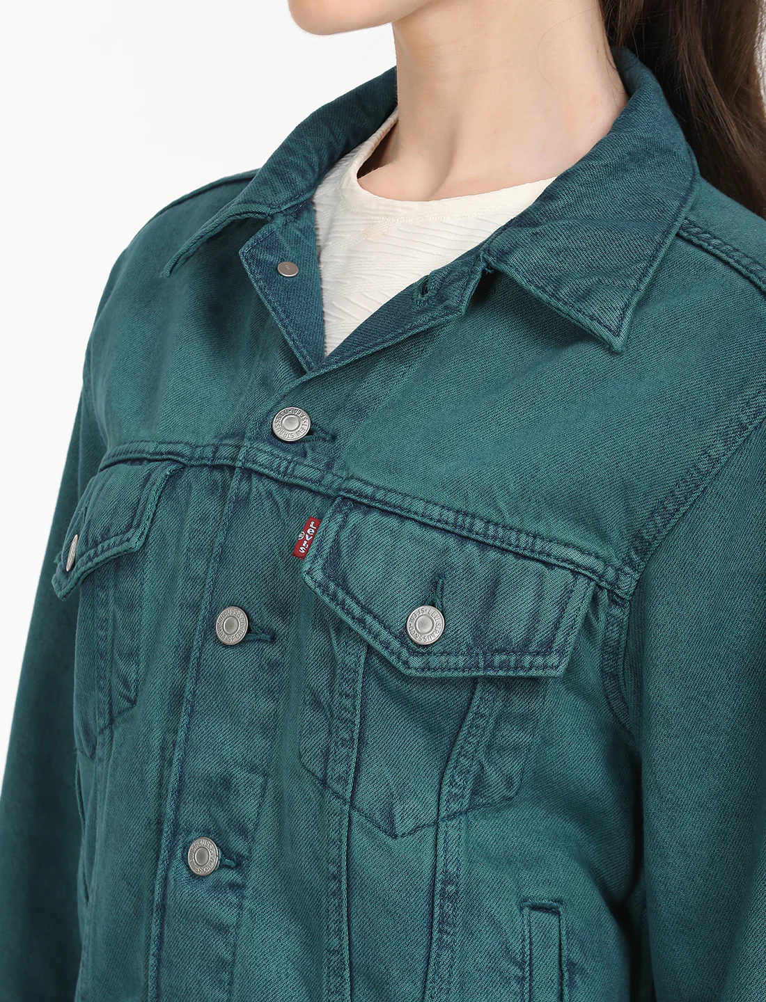 Women's Solid Teal Green Spread Collar Trucker Jacket - Image 3