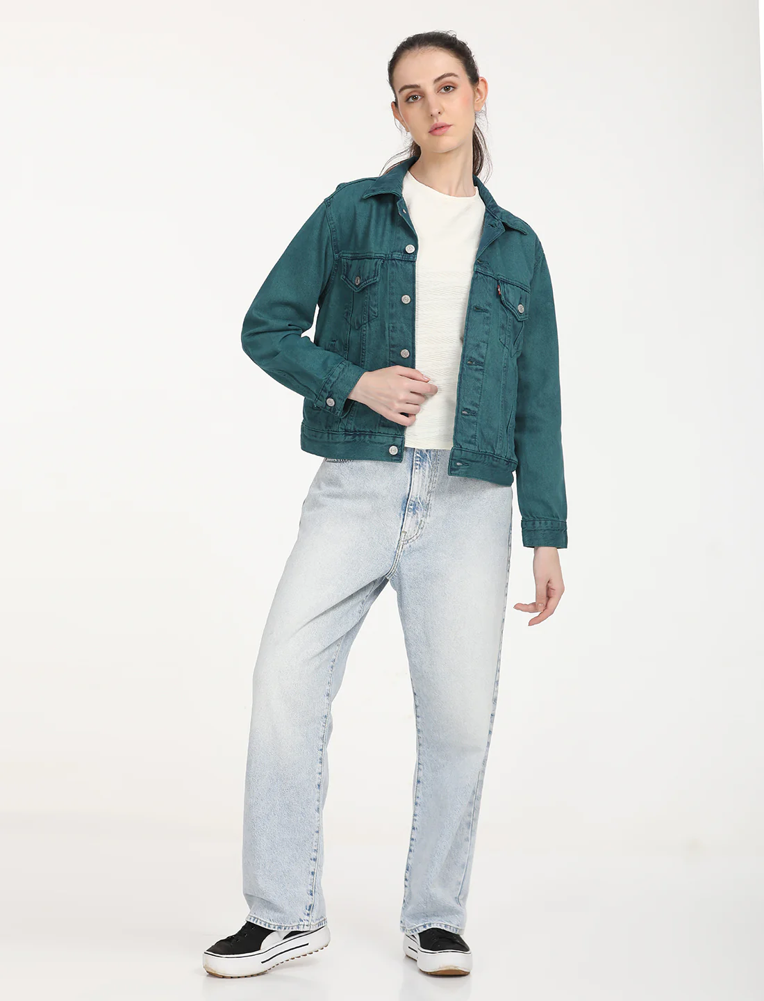 Women's Solid Teal Green Spread Collar Trucker Jacket - Image 4