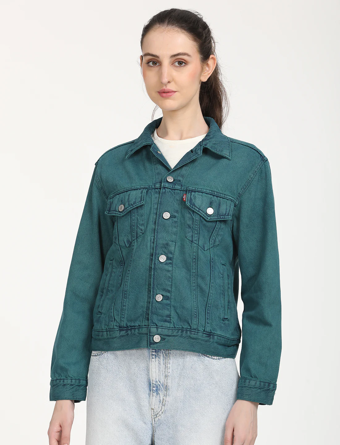 Women's Solid Teal Green Spread Collar Trucker Jacket - Image 5