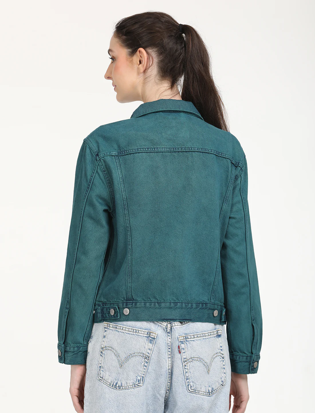 Women's Solid Teal Green Spread Collar Trucker Jacket - Image 6