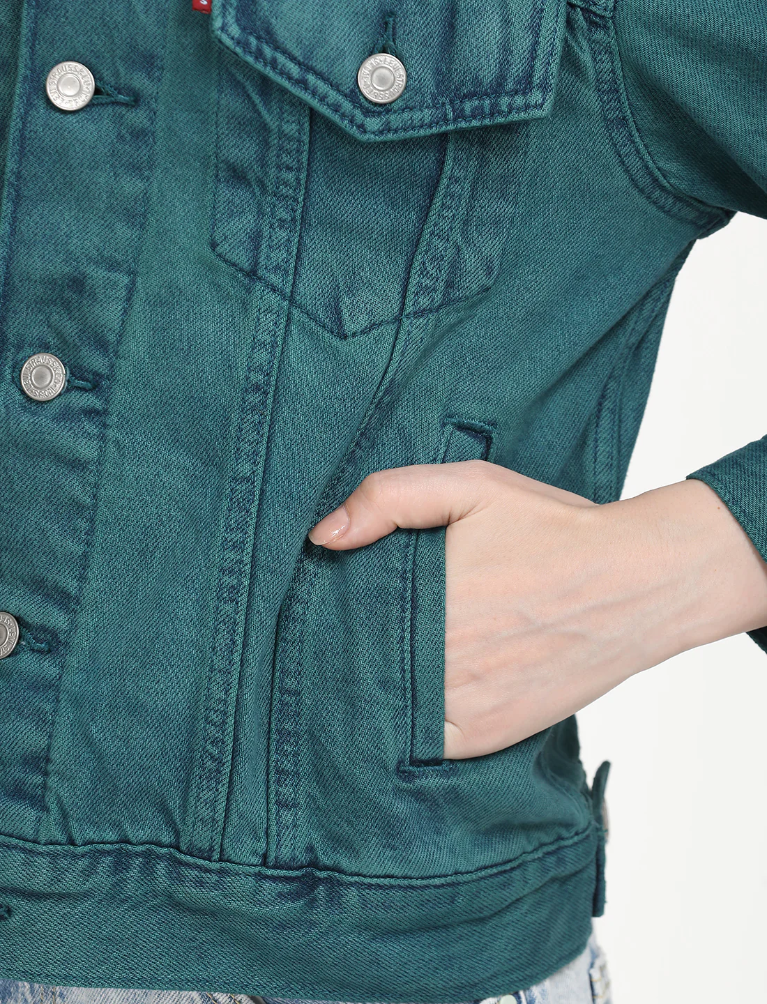 Women's Solid Teal Green Spread Collar Trucker Jacket - Image 7