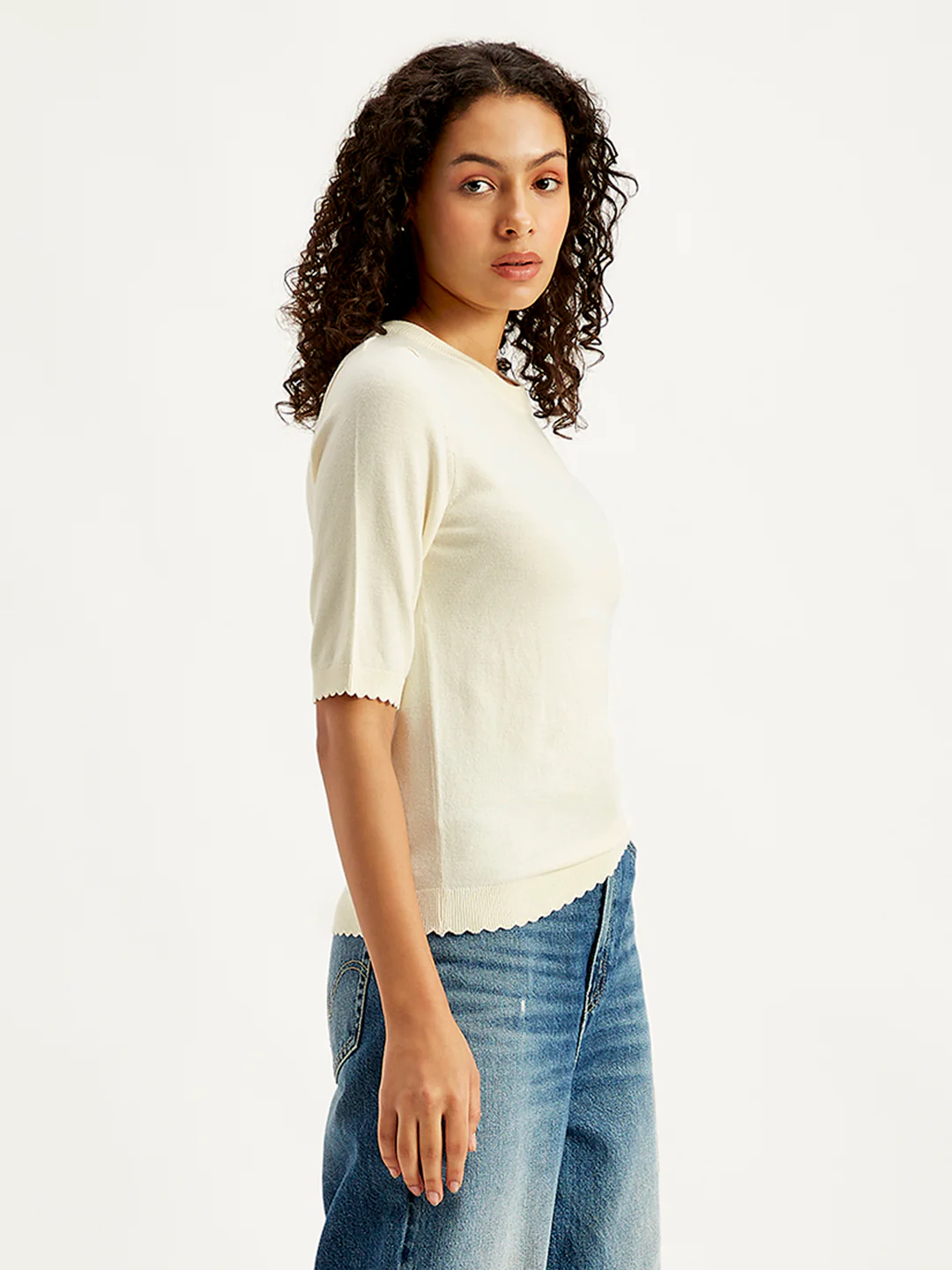 Women's Solid White Crew Neck Sweater - Image 3