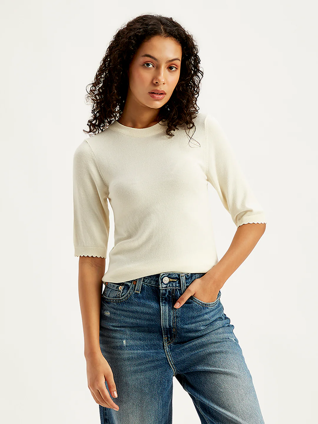 Women's Solid White Crew Neck Sweater - Image 5