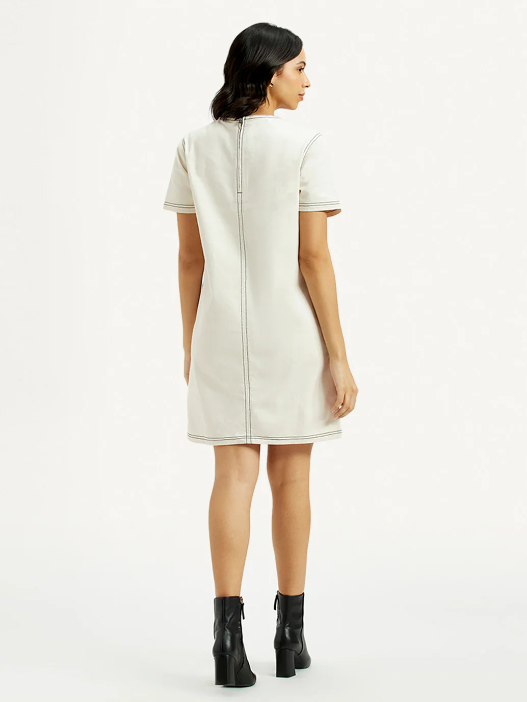 Women's Solid White Round Neck Denim Dress - Image 2