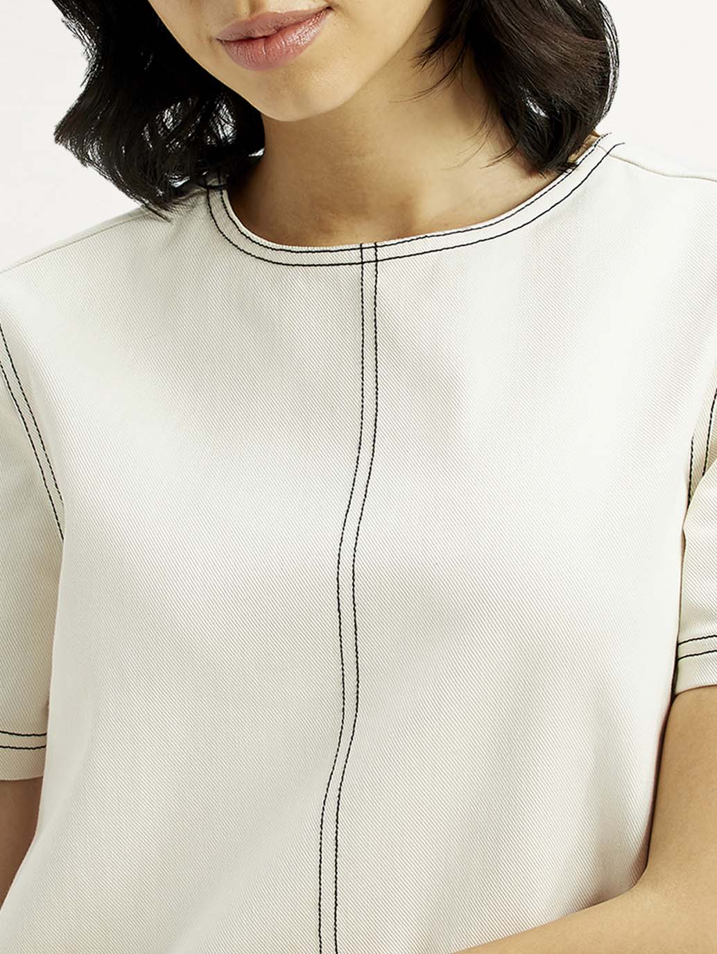 Women's Solid White Round Neck Denim Dress - Image 3