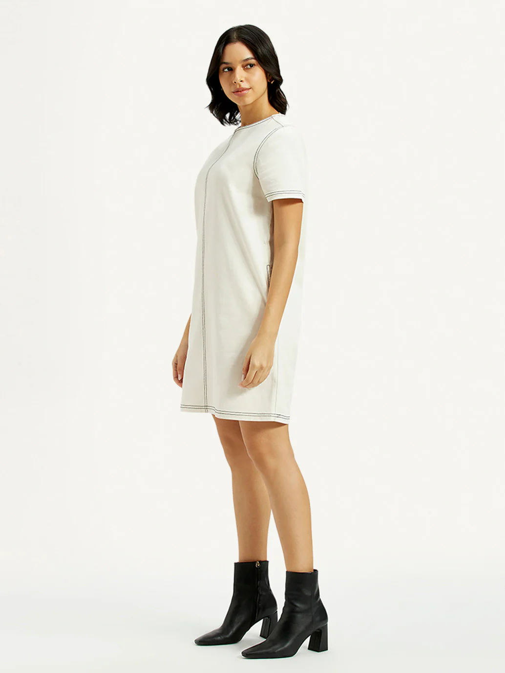 Women's Solid White Round Neck Denim Dress - Image 4