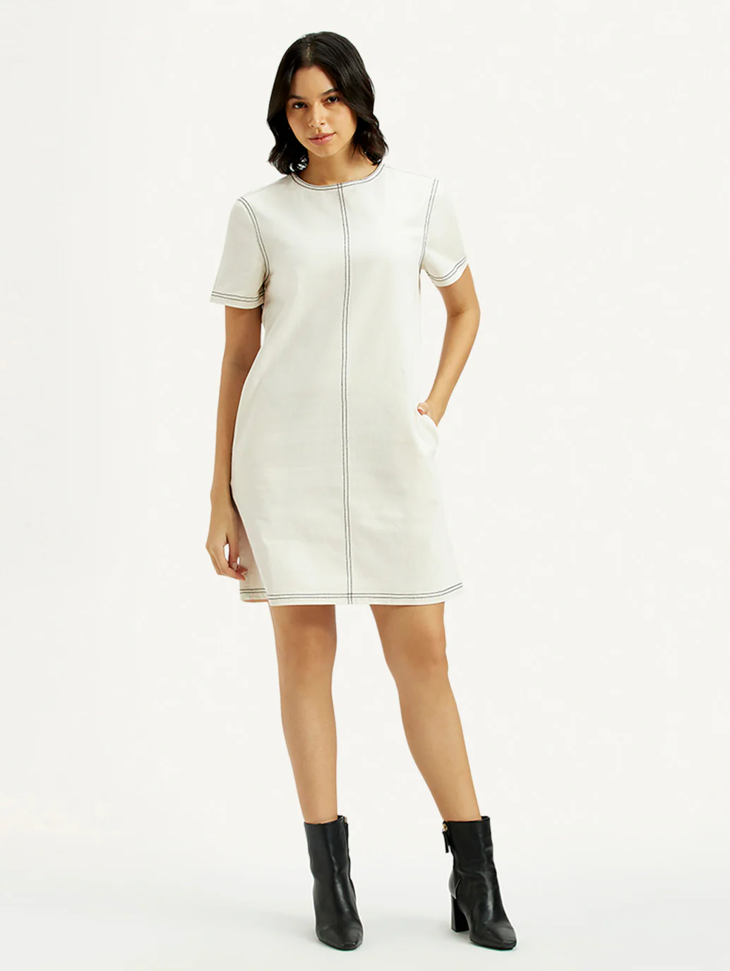Women's Solid White Round Neck Denim Dress - Image 5