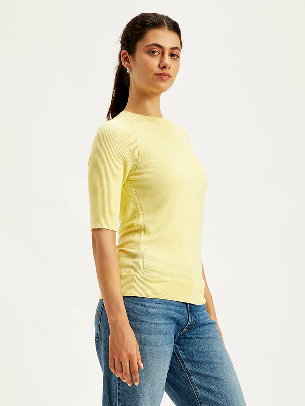 Women's Solid Yellow Crew Neck Sweater - Image 2