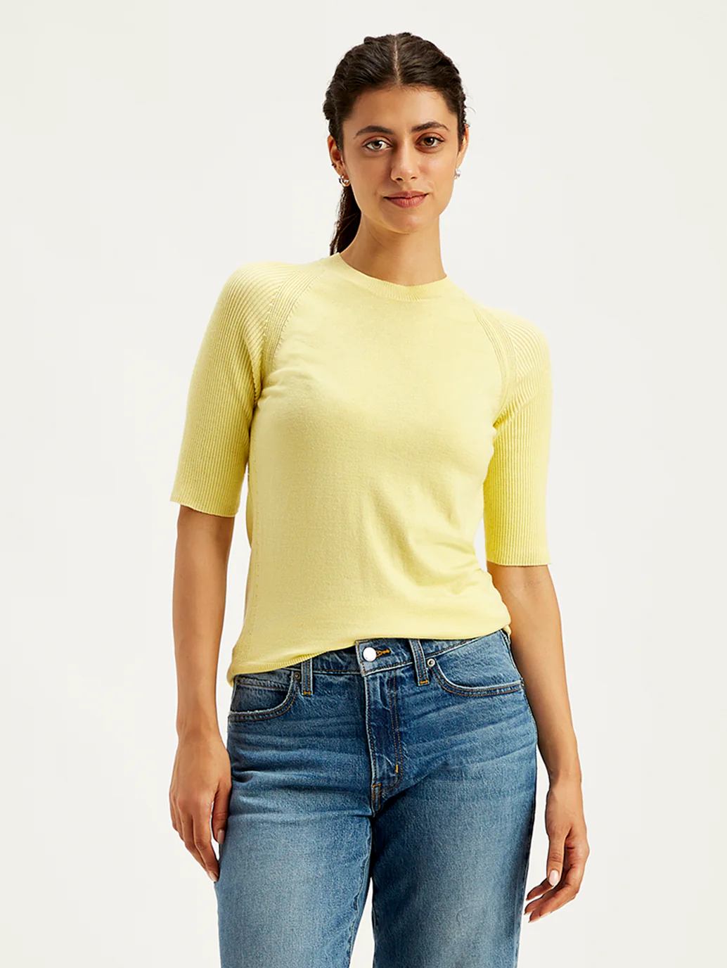 Women's Solid Yellow Crew Neck Sweater - Image 3