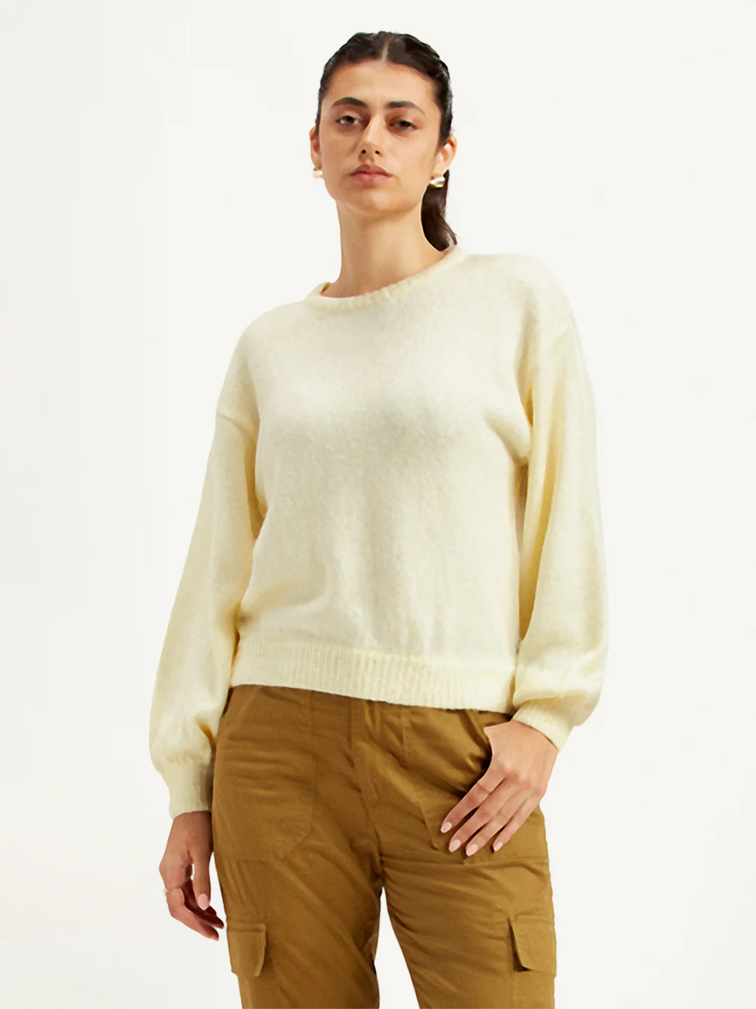 Women's Solid Off White Crew Neck Sweater - Image 2