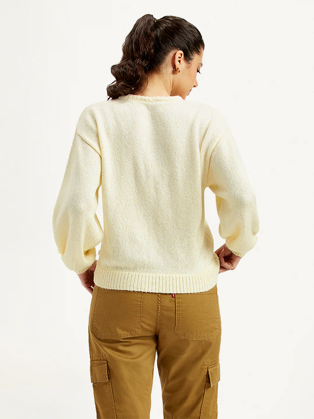 Women's Solid Off White Crew Neck Sweater - Image 3