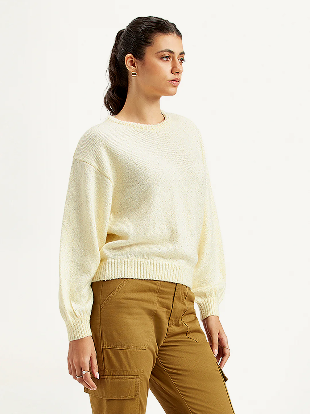 Women's Solid Off White Crew Neck Sweater - Image 4
