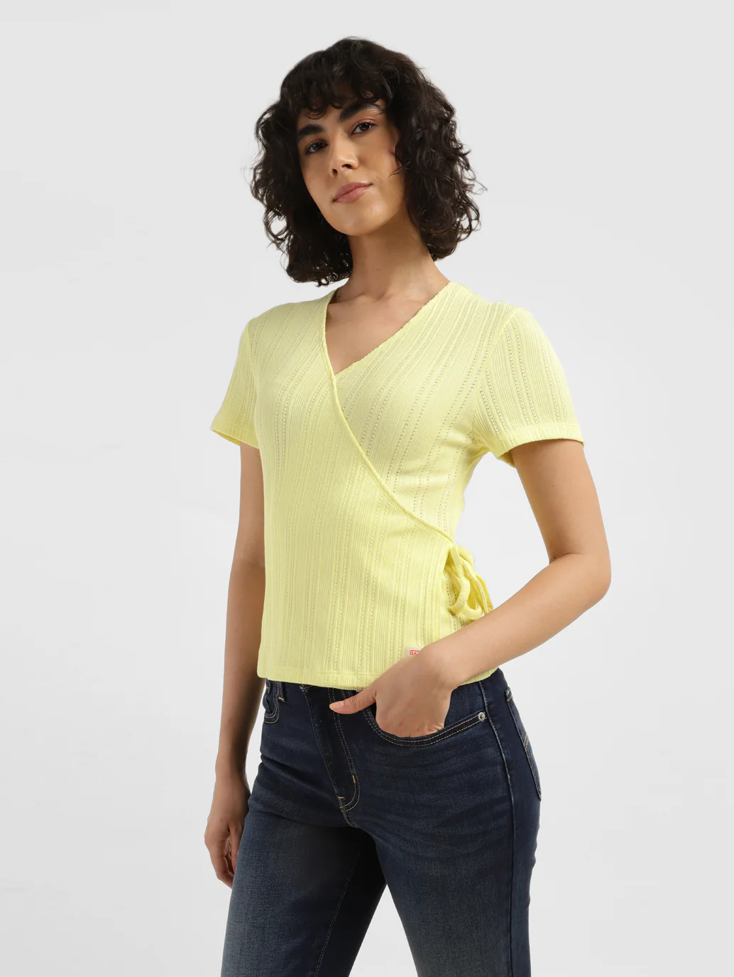 Women's Solid Yellow V-Neck Top - Image 3