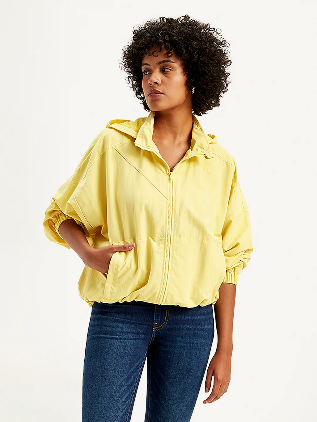 Women's Solid Yellow Hooded Windcheater Jacket - Image 5