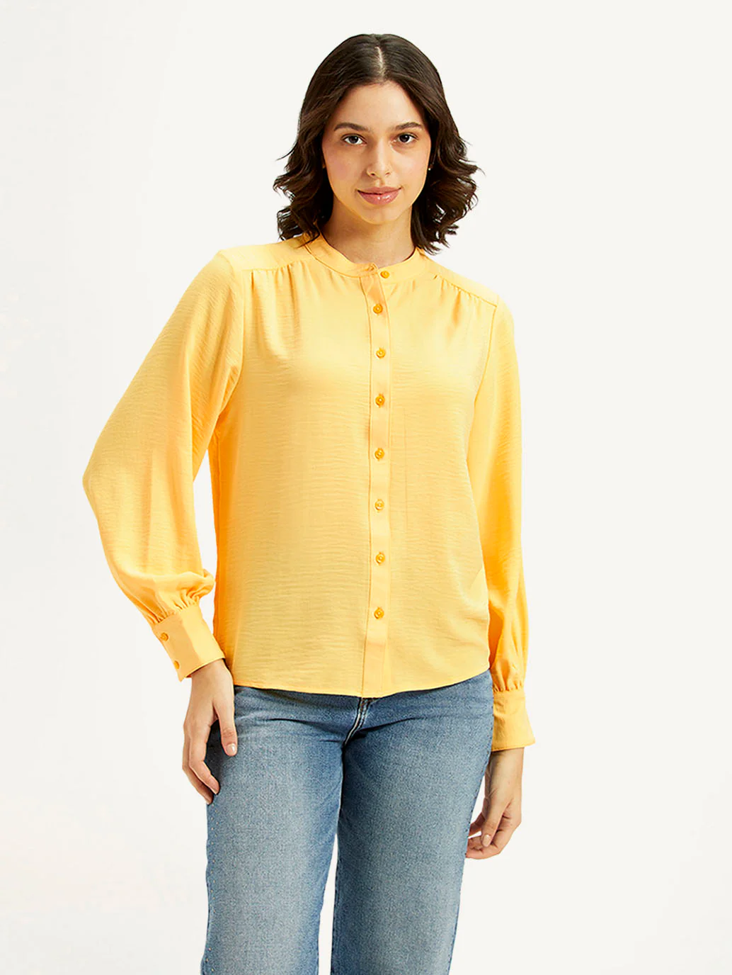 Women's Solid Yellow Mandarin Collar Top - Image 2