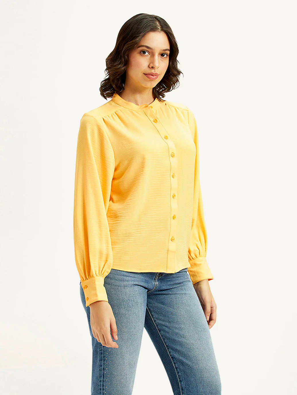 Women's Solid Yellow Mandarin Collar Top - Image 5