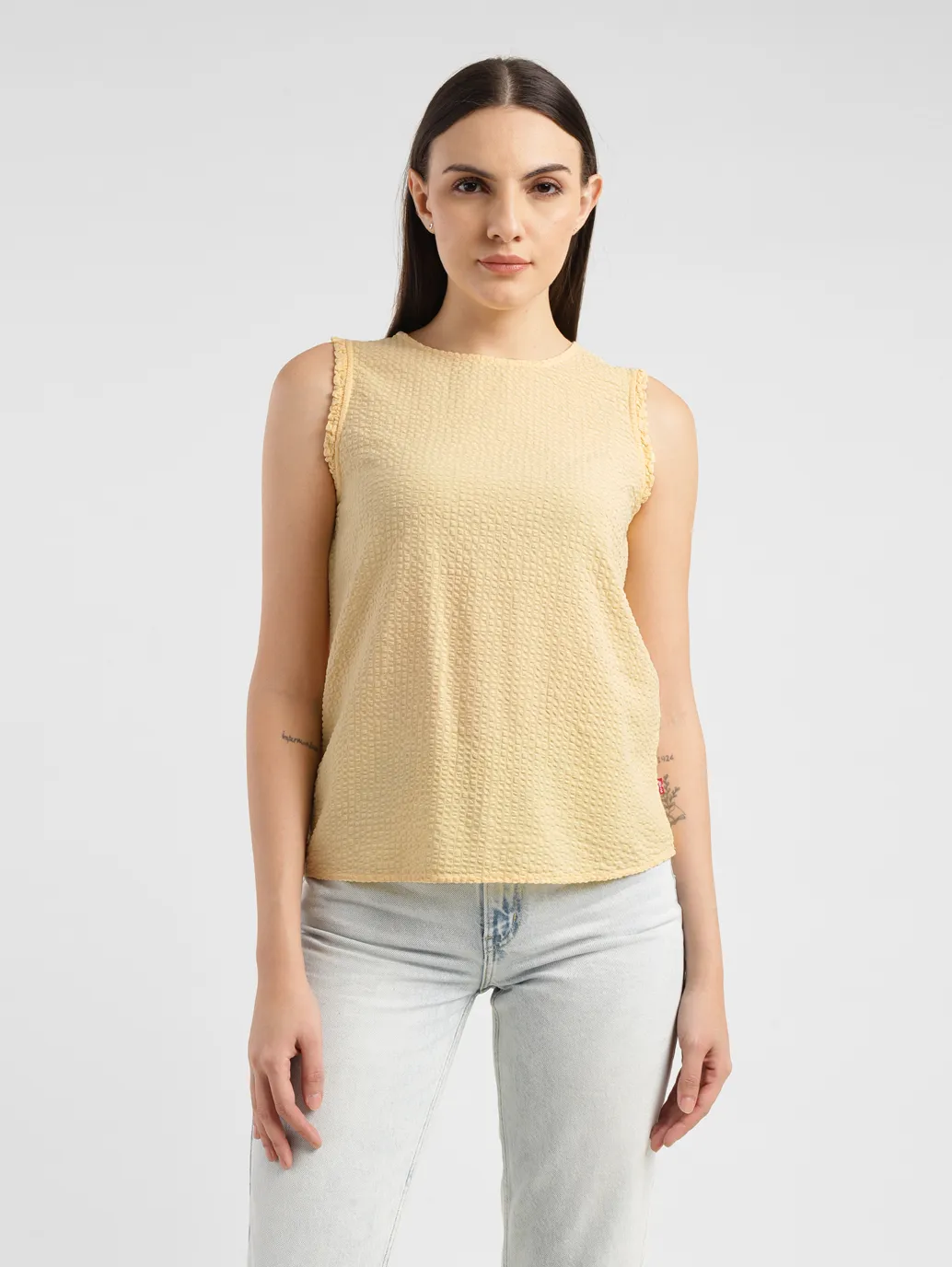 Women's Solid Yellow Round Neck Top - Image 2
