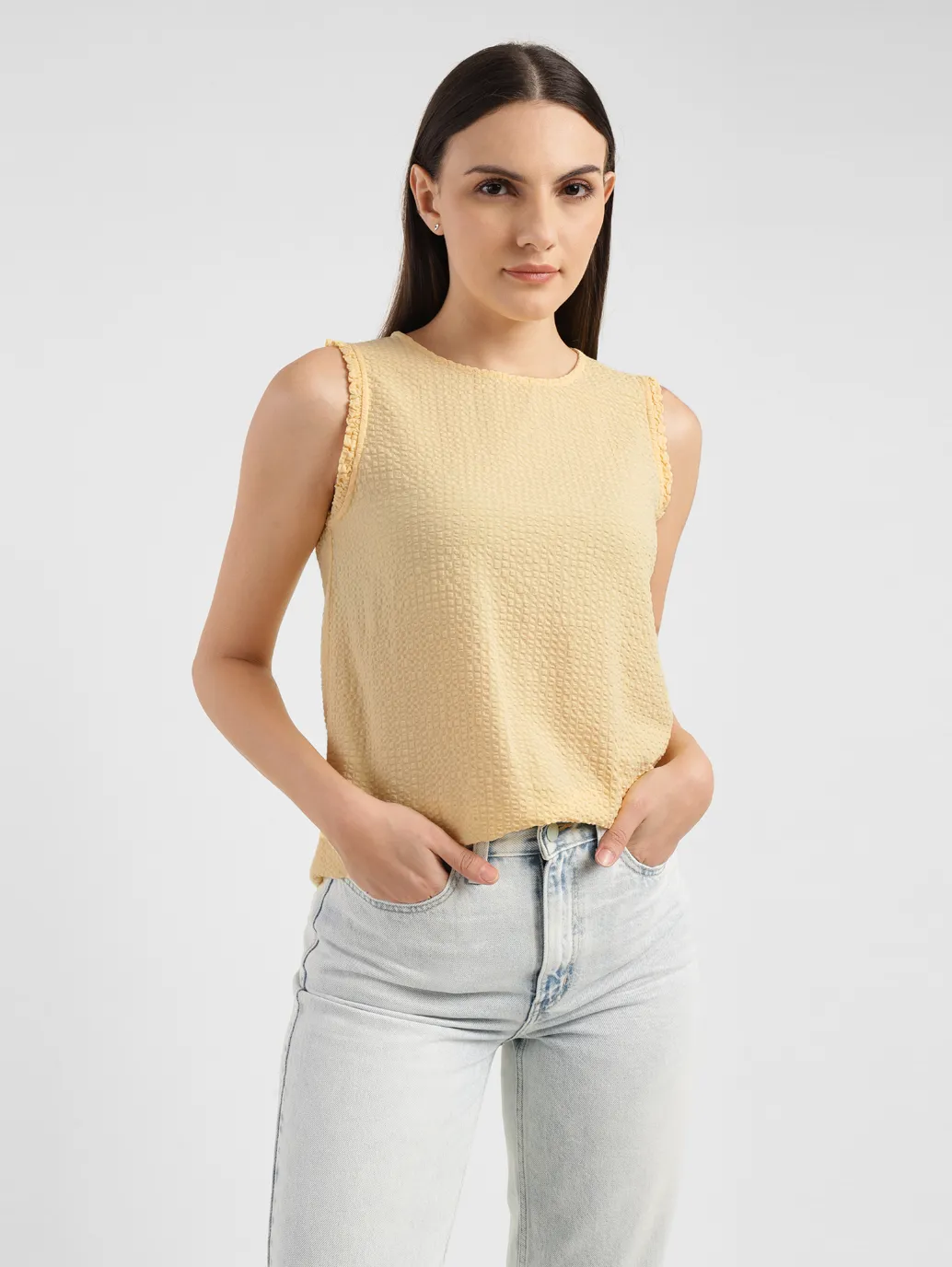 Women's Solid Yellow Round Neck Top - Image 6