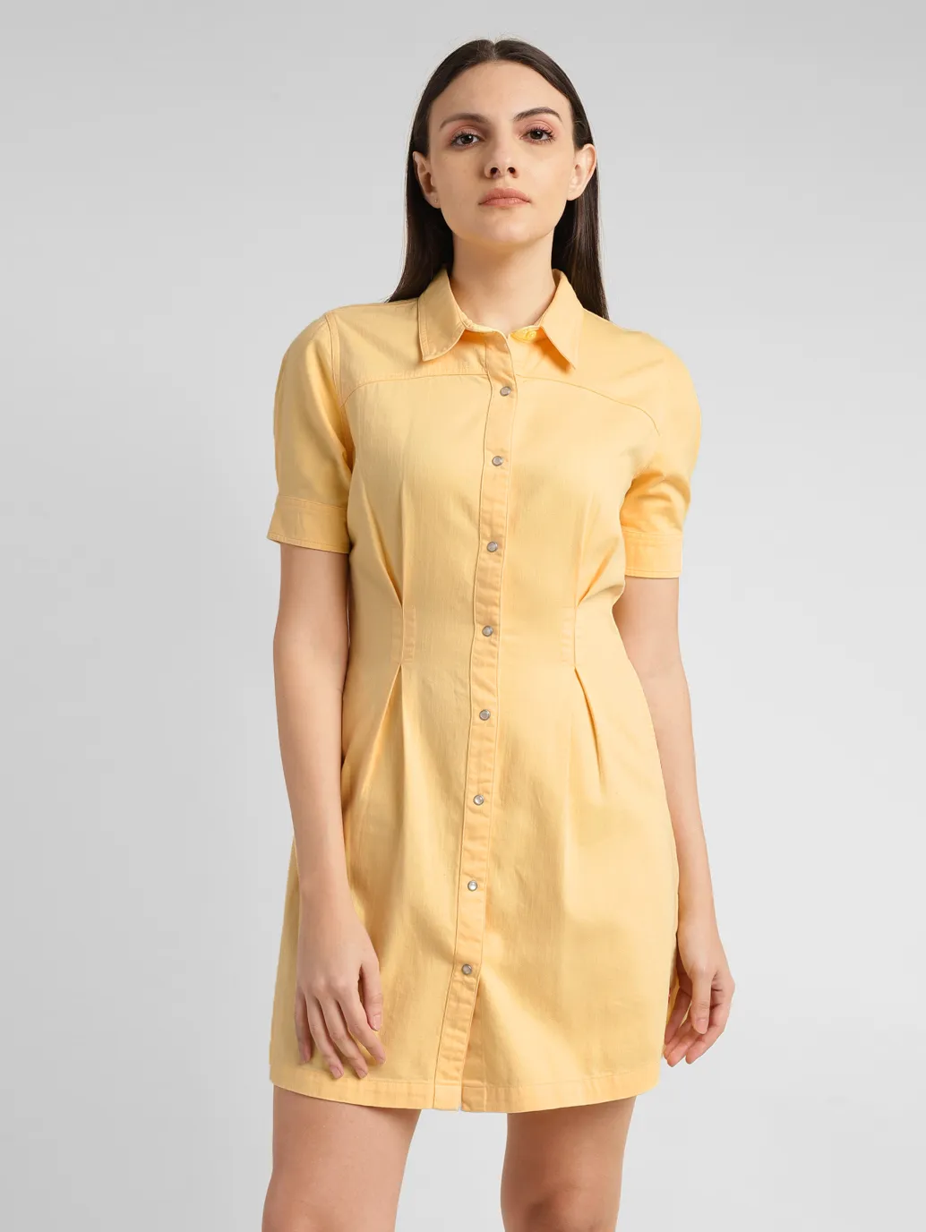 Women's Solid Yellow Spread Collar Dress - Image 2